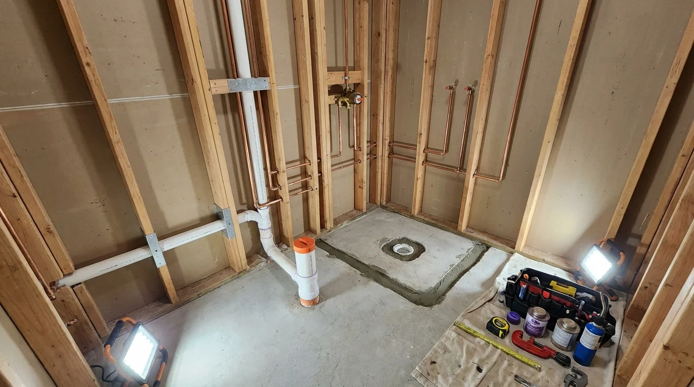 Bathroom rough-in plumbing during remodel by Johns Plumbing LLC in Mocksville