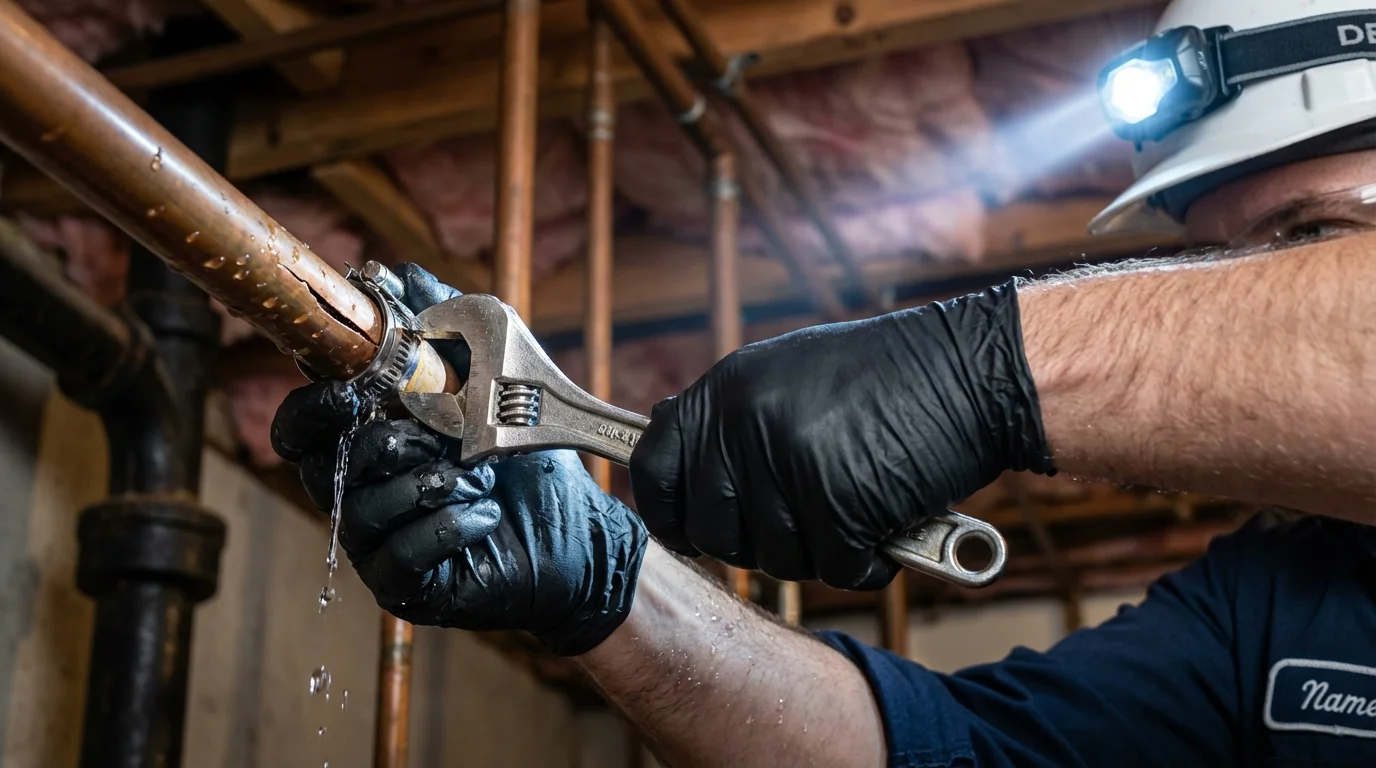 Emergency pipe clamp repair being performed by a Johns Plumbing LLC plumber in Mocksville