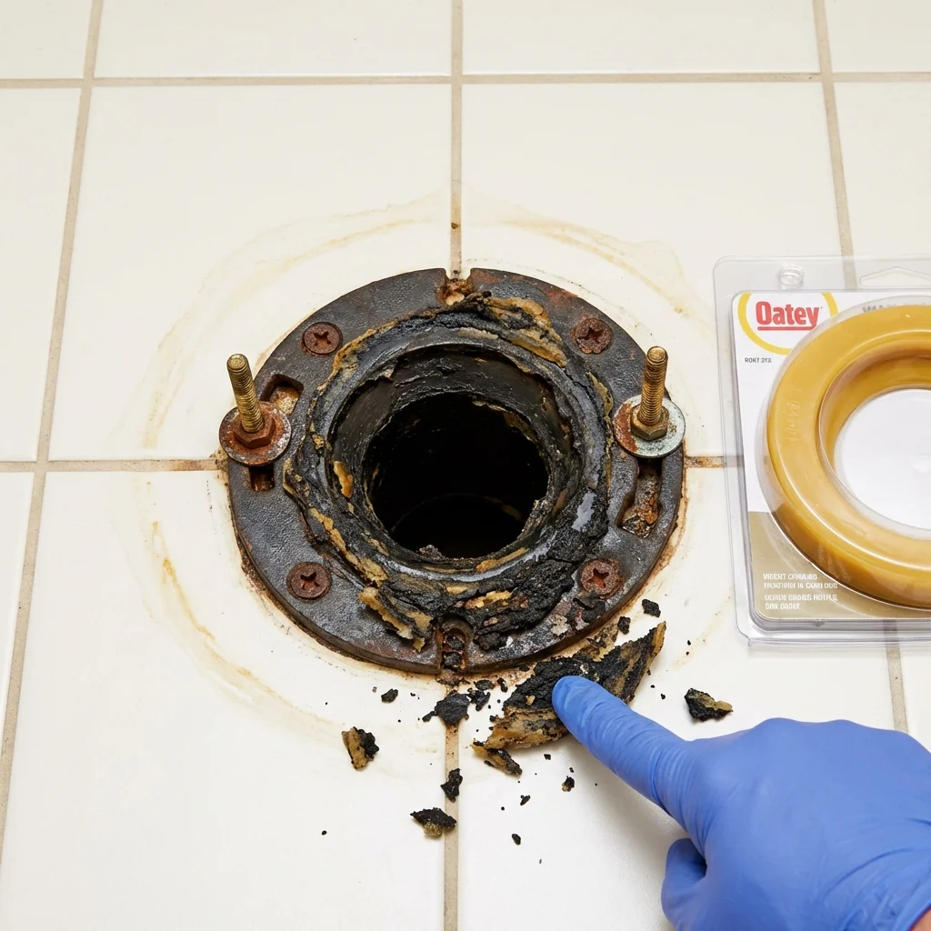 Failed wax ring showing water seepage at the base of a toilet in a Mocksville, NC home