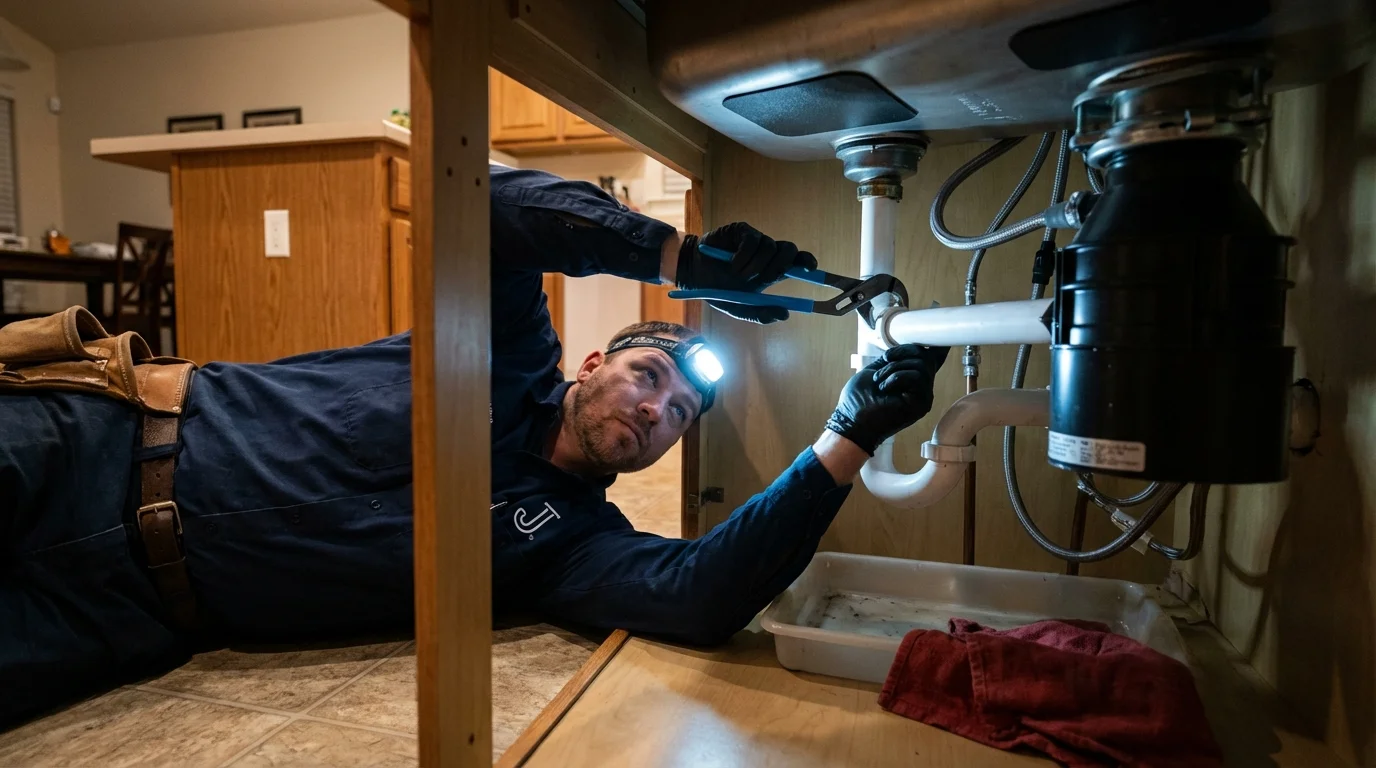 P-trap and supply line connections under a kitchen sink showing a common leak point in Mocksville, NC